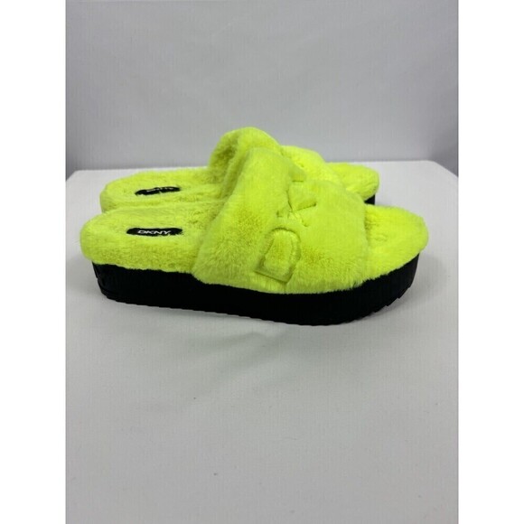 DKNY Faux Fur Platform Slides Citron Flourscent Yellow 8.5 Flatforms - Picture 5 of 9